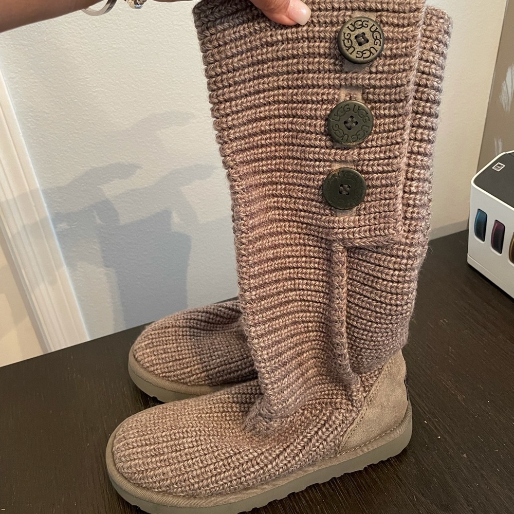 UGG Taupe Knit Button Mid-Calf Boots